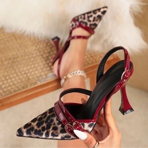 Y2K Leopard Print Stiletto Heels with Red Straps